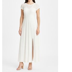 Enfocus Sparkly White Maxi Dress Mesh Neckline Split Leg Formal Size 14